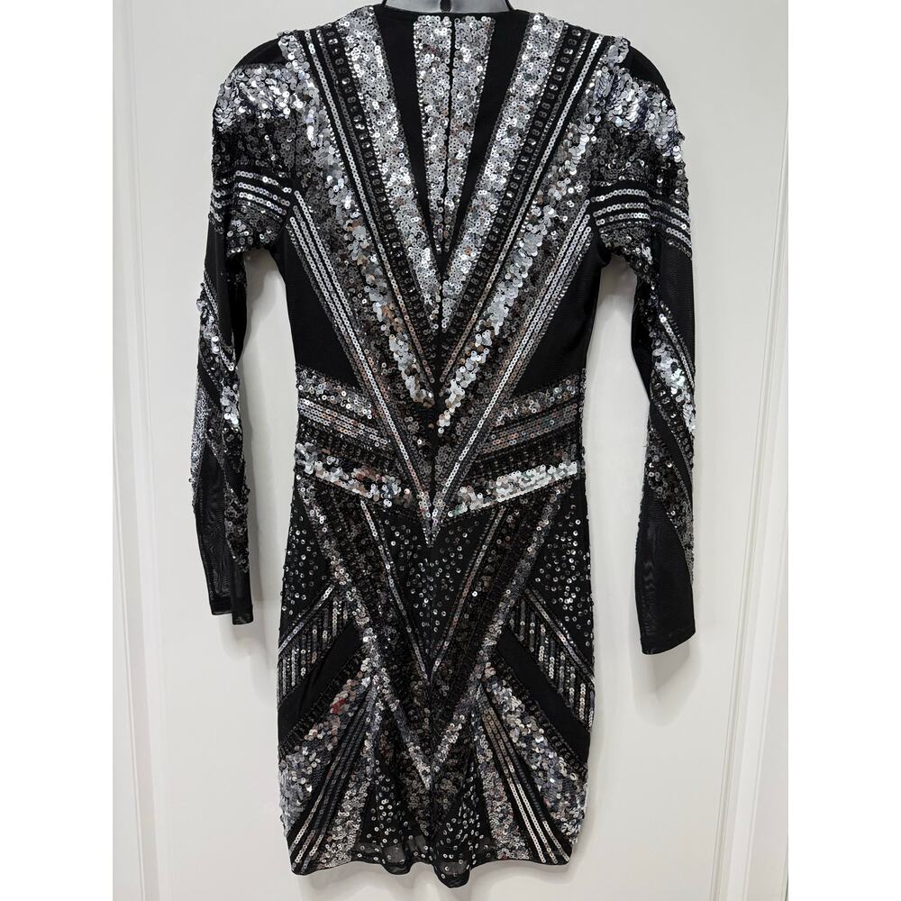 Express XS Black Silver Sequin Bodycon Dress Long Sleeve Deep V Party Mini - Picture 3 of 5